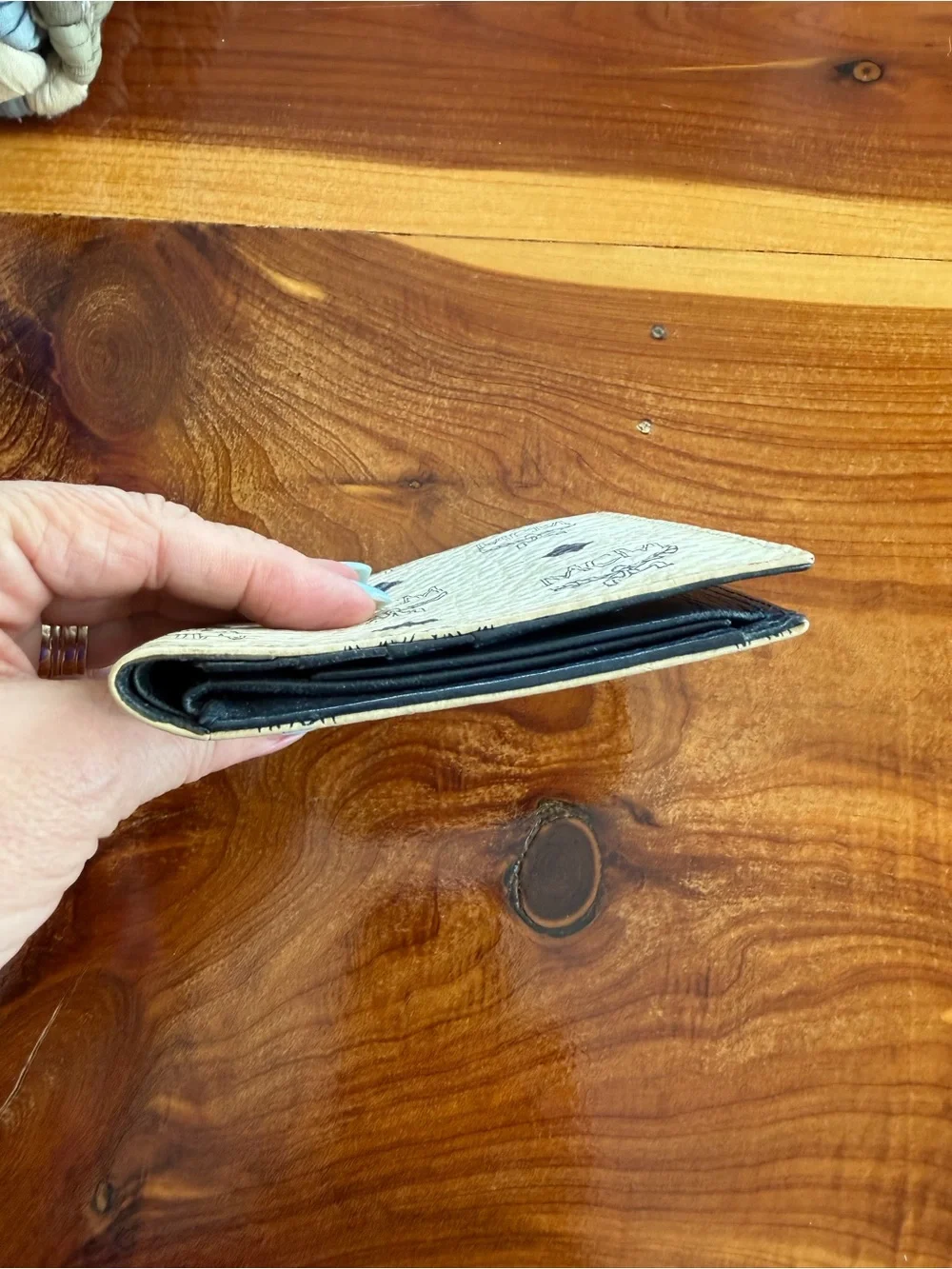 MCM Cream and Black Logo Bi-Fold Wallet